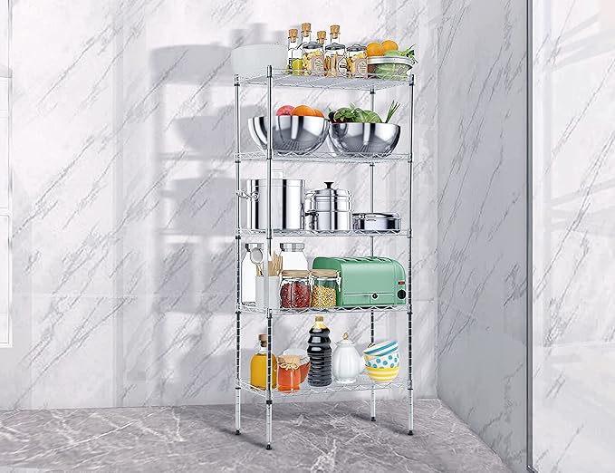 5-Tier Metal Wire Shelving Unit Snack Shelf Height Adjustable Storage Rack NSF Certified Storage Shelves 750 Lbs Capacity Standing Utility Shelf for Laundry Kitchen Pantry Garage Organization