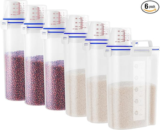 6 Pcs Set Rice Storage Container, Flour Dispenser with Pouring Spout & Measuring Cup, Kitchen Plastic Dry Food Storage Bin for Grain Oatmeal Snacks Pet Dog Food-NeatNest
