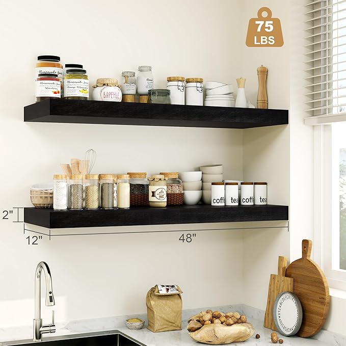 Heimlove Black Bathroom Shelves Floating Shelves for Wall Shelf Over Toilet Long Wall Mounted Modern Farmhouse,48 x 12 Shelves with Invisible Brackets for Living Room, Kitchen, Bedroom-NeatNest