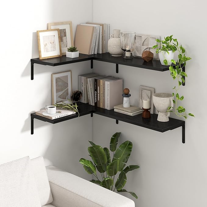 Fun Memories Deep Floating Shelves, 24W x 8D Floating Shelves Set of 2, Wall Mounted Shelf with Metal Brackets, Rustic Wood Wall Shelf for Bathroom, Kitchen and Living Room, Black-NeatNest