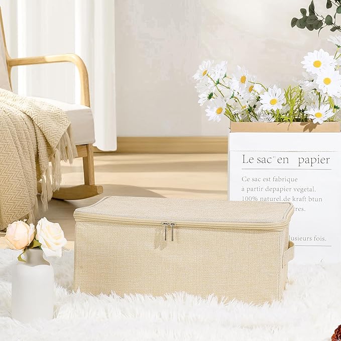 ANMINY 3PCS Storage Bins with Zipper Lids 13 Qt Lidded Fabric Storage Boxes Baskets Cubes with Handles Collapsible Washable Cotton Linen Closet Shelf Clothes Organizer Containers - Beige, Small-NeatNest