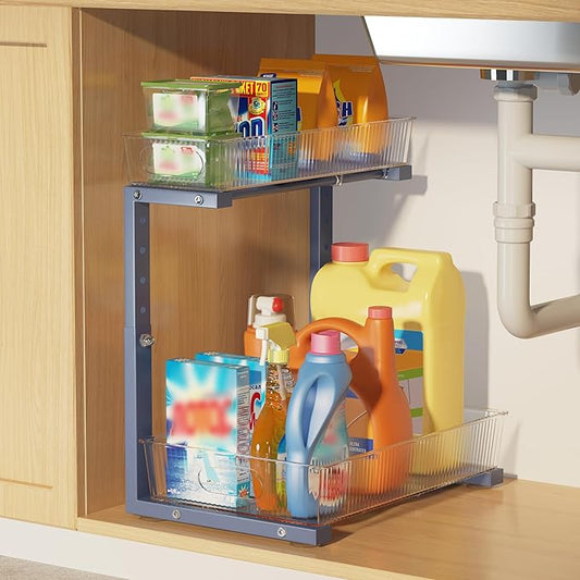 1 Pack 10.62"-15.5"H Under Sink Organizer, 2-Tier Pull Out Cabinet Organizer, Acrylic Under Sink Storage for Kitchen Bathroom Cabinet, L-Shaped Adjustable Height for Maximum Space Efficiency-Gray-NeatNest