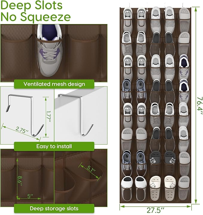 Unjumbly Over the Door Shoe Organizer with 40 Large Breathable Mesh Pockets, Space Saving Shoe Holder, Hanging Shoe Rack for Entryway Bedroom Closet Storage (Brown, 40 Pockets)-NeatNest