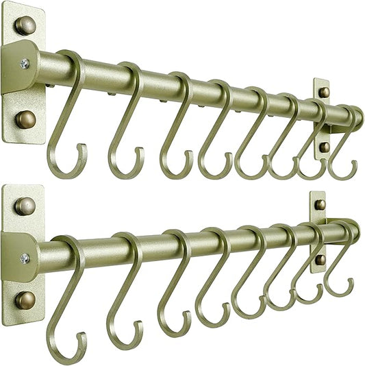 Dseap Kitchen Utensil Holder Hanger, Pot and Pan Rack Wall Mounted, Kitchen Rail with 8 Hooks for Hanging Cooking Utensils, Mugs, Spoons, Wall Mounted, Champagne Color, Pack of 2-NeatNest