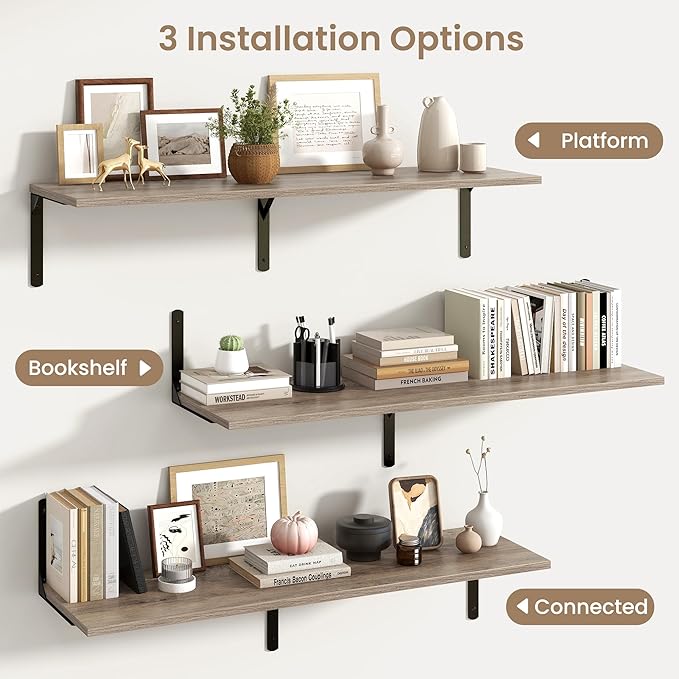 Fun Memories Floating Shelves for Wall, 12 Inch Deep Floating Shelves Set of 2, Wall Mounted Shelf with Metal Brackets, Rustic Wood Wide Shelf for Bathroom, Kitchen and Living Room, Grey, 48W x 12D-NeatNest