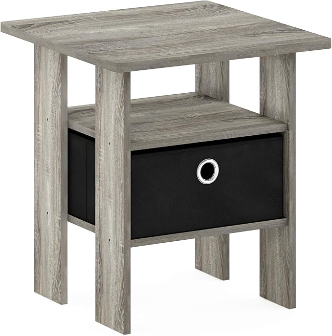 Furinno Andrey End Table / Side Table / Night Stand / Bedside Table with Bin Drawer, French Oak Grey/Black