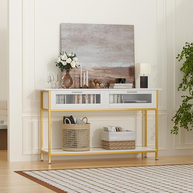 Aetheris 47" Console Table with 2 Drawers, 2 Tier Sofa Table with Storage,Entryway Table, Industrial Console Table for Entryway, Sofa Table Behind Couch for Living Room (White Gold)-NeatNest
