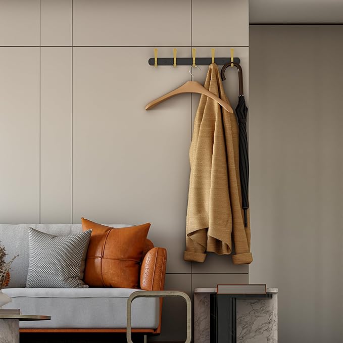 Black and Gold Coat Rack Wall Mounted - 16 Inch Heavy Duty Stainless Steel Matte Finish Wall Hook Rack - 5 Double Coat Hooks for Hanging Towels, Bags, Hat - Bathroom Entryway - 2 Pack-NeatNest