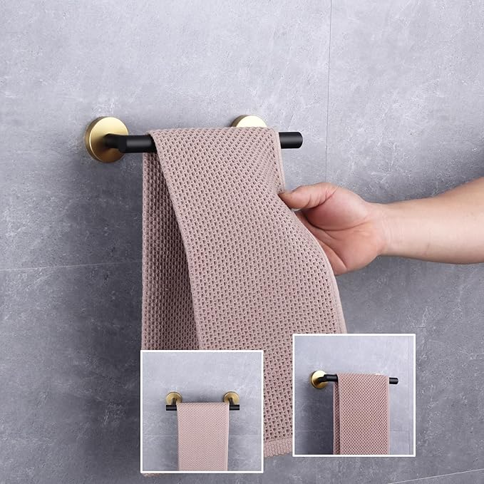 GERZWY 9-Inch Bath Towel Bar Modern Round Style Bathroom Towel Bar SUS 304 Stainless Steel Wall Mount (Black & Gold) AG1101C23-BD