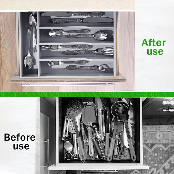 Greenual Gray Silverware Organizer 10 In Utensil Organizer Silverware Tray for Drawer Cutlery Flatware Organizer for Kitchen Bamboo Wood-NeatNest