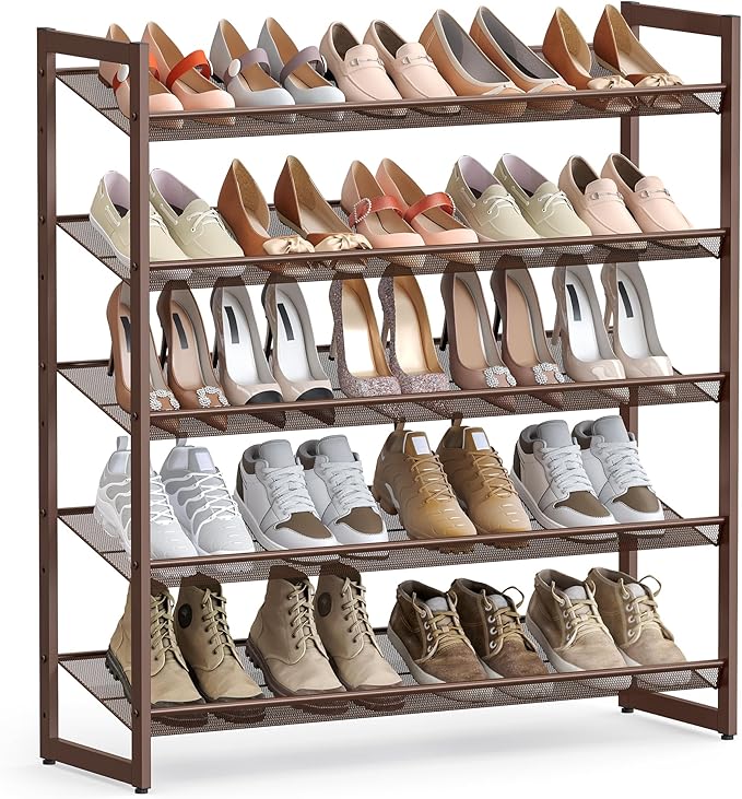SONGMICS Shoe Rack, 5-Tier Shoe Organizer, Metal Shoe Storage for Garage, Stackable Shoe Shelf, with Adjustable Flat or Angled Shelves, 20-25 Pairs, Bronze ULMR05A-NeatNest