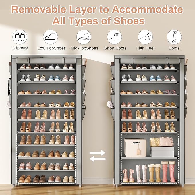 VTRIN Tall Shoe Rack with Cover, 10 Tier Shoe Organizer Storage for 50-55 Pairs Shoes and Boots Large Capacity Shoe Shelf with 8 Pockets Free Standing Shoe Rack for Closet, Entryway, Garage, Grey-NeatNest