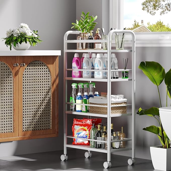 Slim Storage Cart, 4 Tier Small Rolling Bathroom cart Metal and Wood Skinny Utility Cart on Wheels for Narrow Kitchen Laundry Room White