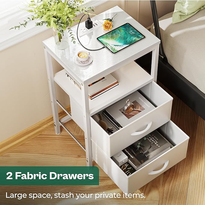 Huuger Nightstands Set of 2, End Tables with Charging Station, Side Tables with Fabric Drawers, Bedside Tables with USB Ports and Outlets, Night Stands for Bedroom, White