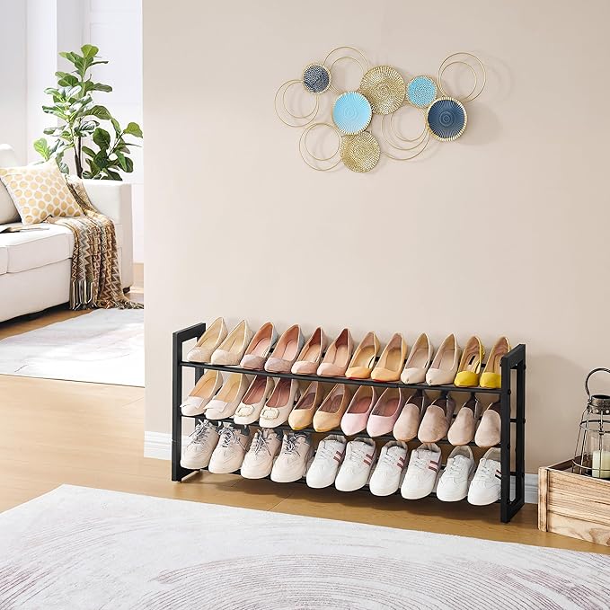 FAVOOSTY 3-Tier Expandable Shoe Rack, Adjustable Shoe Shelf Storage Organizer Space Saving Metal Free Standing Shoe Rack for Entryway Closet Doorway, Black-NeatNest