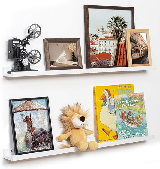 Fun Memories Picture Ledge Shelf, 36 Inch Floating Shelves Set of 2, Nursery Book Shelves for Toys Storage, Kids Bookshelf Wall Mounted for Wall Decor Books Photo Frames, White-NeatNest