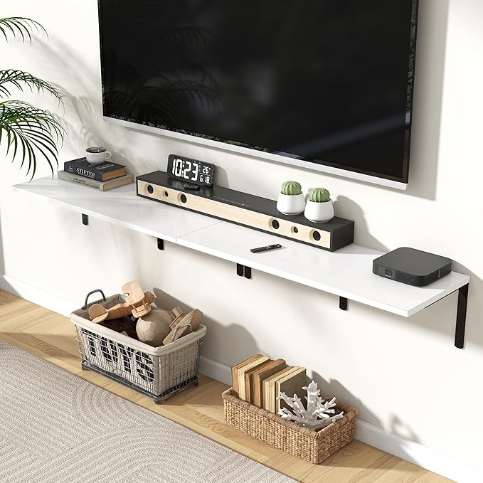 Fun Memories Floating Shelves for Wall, 12 Inch Deep Floating Shelves Set of 2, Wall Mounted Shelf with Metal Brackets, Rustic Wood Wide Shelf for Bathroom, Kitchen and Living Room, White, 36W x 12D-NeatNest