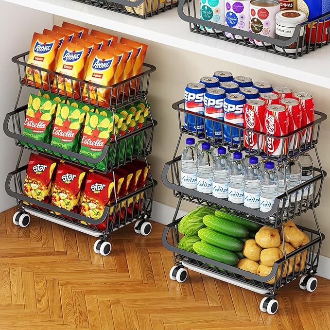 3-Tier Rolling Pantry Cart with Wheels, Stackable Wire Storage Floor Organizer for Kitchen Pantry Snack Shelves, Fruit Basket Stand, Vegetable Storage Rack for Snacks Fruits Onion Potato
