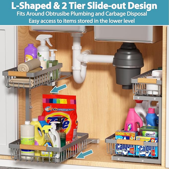 Under Sink Organizer Storage 2 Pack, 2 Tier Slide Out Height Adjustable Pull Out Cabinet Organizer Drawer for Kitchen Bathroom Large Under Sink Shelf Rack Caddy for Pantry, Grey-NeatNest