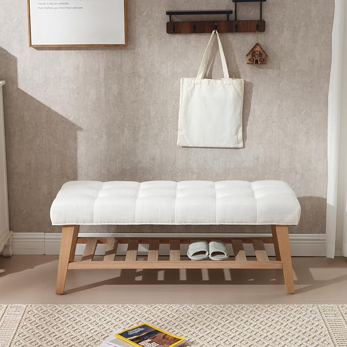 Entryway Shoe Bench Storage Benches with Upholstered Button Tufted Seat and Open Slatted Shelf Linen Shoe Rack for Hallway Living Room Bedroom End of Bed, Beige-NeatNest