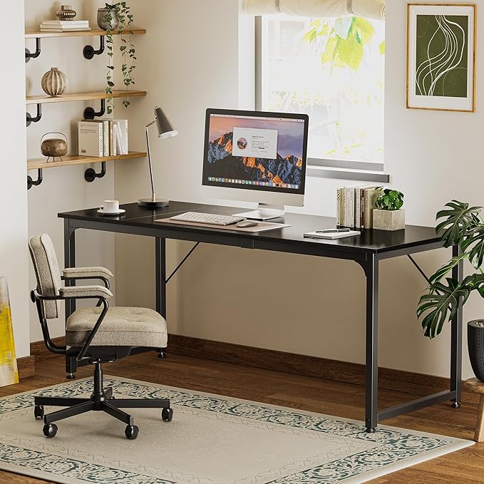 Huuger Computer Desk, 70 Inch Office Desk, Gaming Desk with Storage, Writing Desk Work Desk for Home Office, Study, Long Simple Desk, Large Legroom, Metal Frame, Black-NeatNest