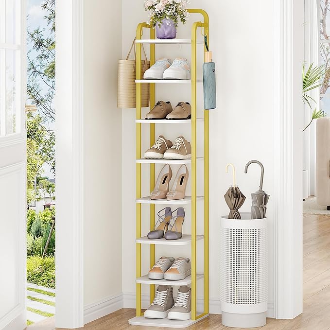 8 Tiers Vertical Shoe Rack, Narrow Shoe Tower, Tall Shoes Shelf with 2 Hooks, Adjustable Shelves, Corner Shoes Shelves for Small Spaces, Entryway, Living Room, White Gold SR04313A-NeatNest