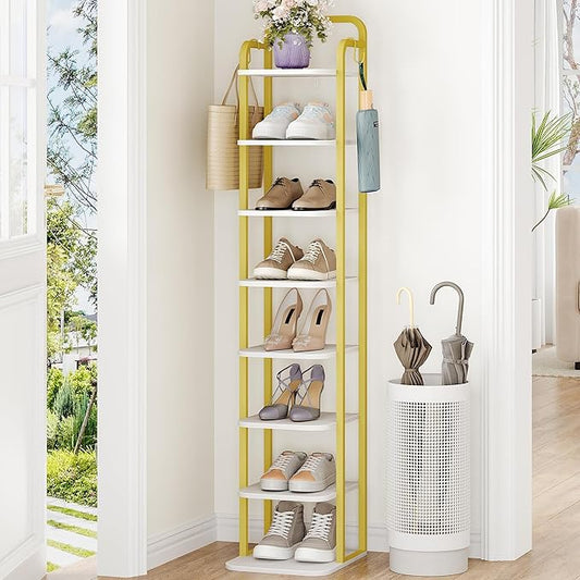 8 Tiers Vertical Shoe Rack, Narrow Shoe Tower, Tall Shoes Shelf with 2 Hooks, Adjustable Shelves, Corner Shoes Shelves for Small Spaces, Entryway, Living Room, White Gold SR04313A-NeatNest