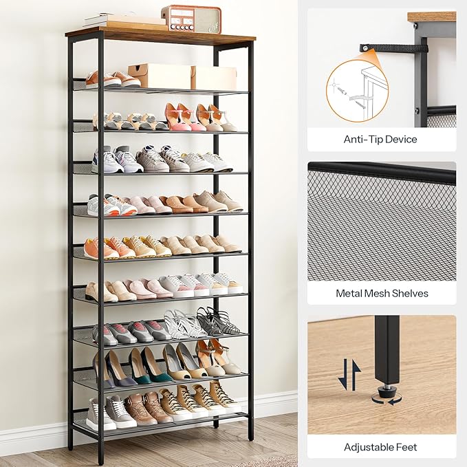 HOOBRO 10-Tier Shoe Rack, 29.5"L Shoe Shelf, Large Capacity Shoe Storage Organizer for 27+ Pairs of Shoes, Front Door Entrance, Entryway, Hallway, Closet, Space Saver, Rustic Brown and Black BF110XJ01-NeatNest