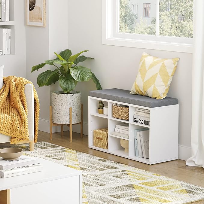 DINZI LVJ Shoe Storage Bench with Cushion, Cubby Shoe Rack with 9 Cubbies, Adjustable Shelves, Multifunctional Shoe Organizer Bench for Entryway, Mudroom, Hallway, Closet and Garage, White-NeatNest