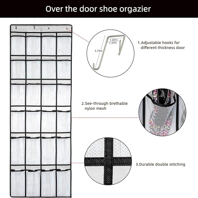 Over The Door Shoe Organizer, Hanging Shoe Organizer with 24 Mesh Large Pockets Door Shoe Rack Organizer for Men Women Kids Hanging Shoe Storage Bag.(White-NeatNest