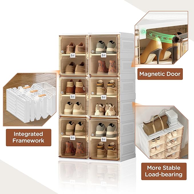 ANTBOX Shoe Organizer Storage Box, Portable Folding Shoe Rack For Closet With Magnetic Clear Door,Large Sneaker Cabinet Bins Sturdy Easy Assembly 6 Layers-12 Grids-NeatNest