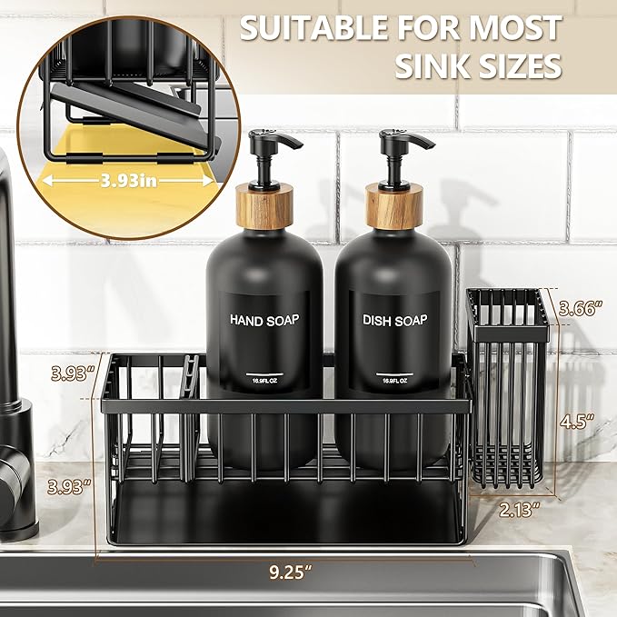 Cisily Kitchen Dish Soap Dispenser Set with 2 Pack Black Glass, Soap Dispensers with Adjustable Black Sink Caddy, Vintage Kitchen Soap Dispenser Set, Hand and Dish Soap Dispensers Set-NeatNest