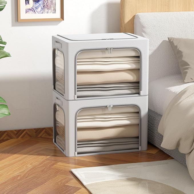3Pack Clothes Storage Bins - Oxford Frame Storage Box Foldable Stackable Storage Organizer with 3 Openings Design, Metal Frame, Clear Window, Carry Handles (66L-19.7 * 15.7 * 13, Grey)-NeatNest