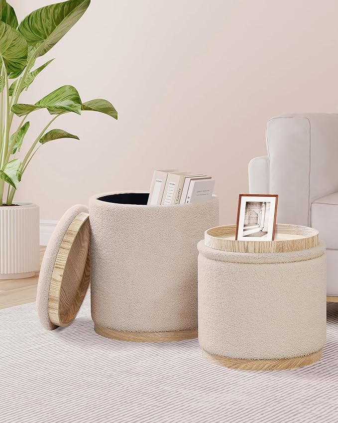 B FSOBEIIALEO Storage Ottoman Round Boucle Ottomans with Tray, Set of 2 Teddy Foot Rest Ottoman Cube with Storage for Living Room , Apricot 15"x15"x16.9"