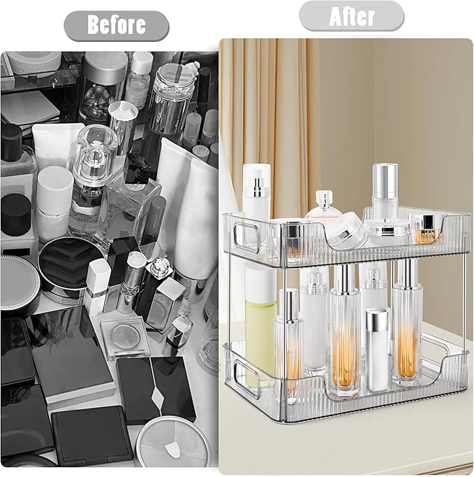 2-Tier Bathroom Counter Organizer Countertop Storage, Dresser Organizer Vanity Tray for Makeup, Perfume Organizer Cosmetics Skincare Shelf- Grey-NeatNest