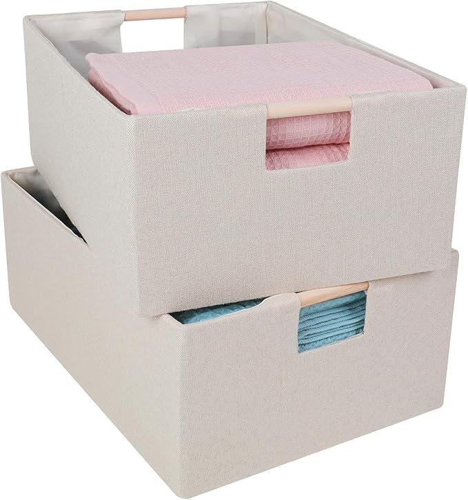 ANMINY 2PCS Storage Baskets for Organizing Collapsible Fabric Storage Bins Boxes with Wood Handles Closet Shelves Cube Organizer Bins Clothes Laundry Storage Container - Medium, Beige-NeatNest