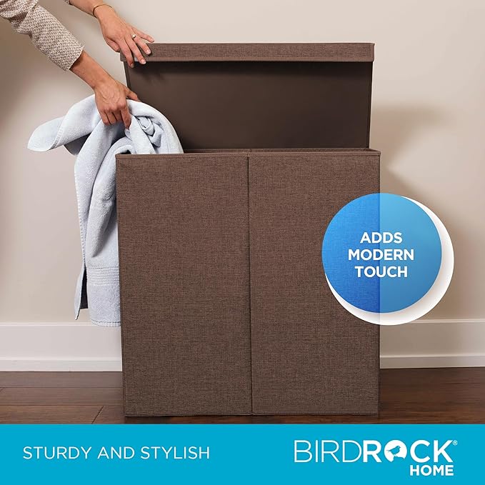 BIRDROCK HOME Laundry Hamper with Lid | Removable Bags for Sorting Clothes | Sectioned Laundry Basket for Bedroom & Bathroom | Collapsible Storage Bin with Cover | Double, Brown-NeatNest
