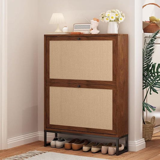 AVZEAR Freestanding Shoe Organizer with 2 Flip Drawer Doors, Entryway & Closet Shoe Storage, Linen Doors, Walnut-NeatNest