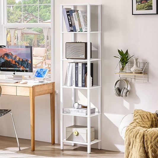 66in Tall Bookshelf 6-Tier Small Narrow Bookcase, Skinny Book Shelf for Small Space, Farmhouse Slim Shelf with Storage, Wood Freestanding Display Thin Bookshelves for Living Room, Office, White
