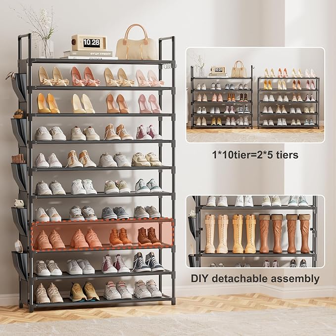 Tall Shoe Rack 10 Tier Shoe Racks Organizer for Closet 40-45Pairs,Large Capacity Storage Rack for Shoes with 5Hooks,Sturdy Metal Shoe Shelf, Vertical Shoe Stand Tower-NeatNest