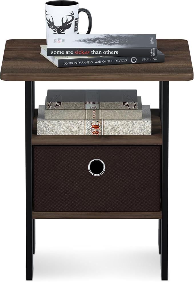 Furinno Andrey End Table / Side Table / Night Stand / Bedside Table with Bin Drawer, Columbia Walnut/Dark Brown,1-Pack, Center Bin