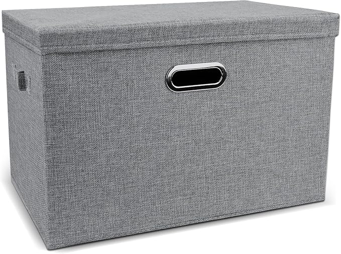 DAYARD Foldable Storage Boxes with Lids Linen Fabric Stackable Storage Bins Organizer Containers Baskets Cube with Cover for Closet Office Nursery, Grey XL (20 x 14 x 12)-NeatNest