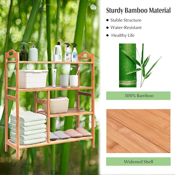 4-Tier Bamboo Shoe Rack with Boots Storage, Freestanding Wooden Display Shelf with Handle, Multifunctional Storage Organizer for Bathroom Entryway, Hallway, Living Room Plant Stand-NeatNest