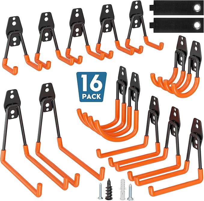 BONTEC Heavy Duty Garage Hooks, Anti-Slip Coated Black Steel with Strong Load Capacity, Multi-Sized U and J Hooks, Easy Wall Mount for Garage, Garden, Workshop (Orange, 16 Pack)-NeatNest