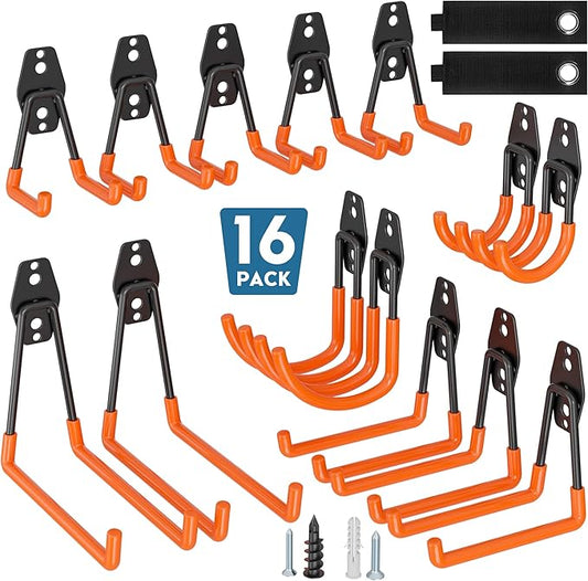 BONTEC Heavy Duty Garage Hooks, Anti-Slip Coated Black Steel with Strong Load Capacity, Multi-Sized U and J Hooks, Easy Wall Mount for Garage, Garden, Workshop (Orange, 16 Pack)-NeatNest