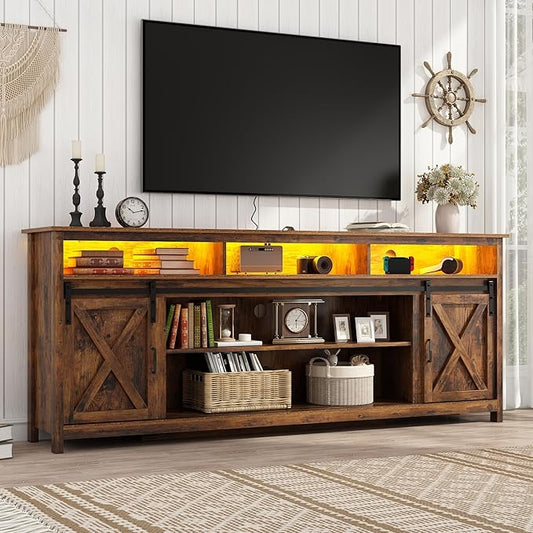 80in Wooden Farmhouse Entertainment Center for 90/85 inch TV,Double Layer Storage Farmhouse TV Stand,Double-Row Sockets with Wood Sliding Barn Door TV Stand(Double Layer Vintage Brown)-NeatNest