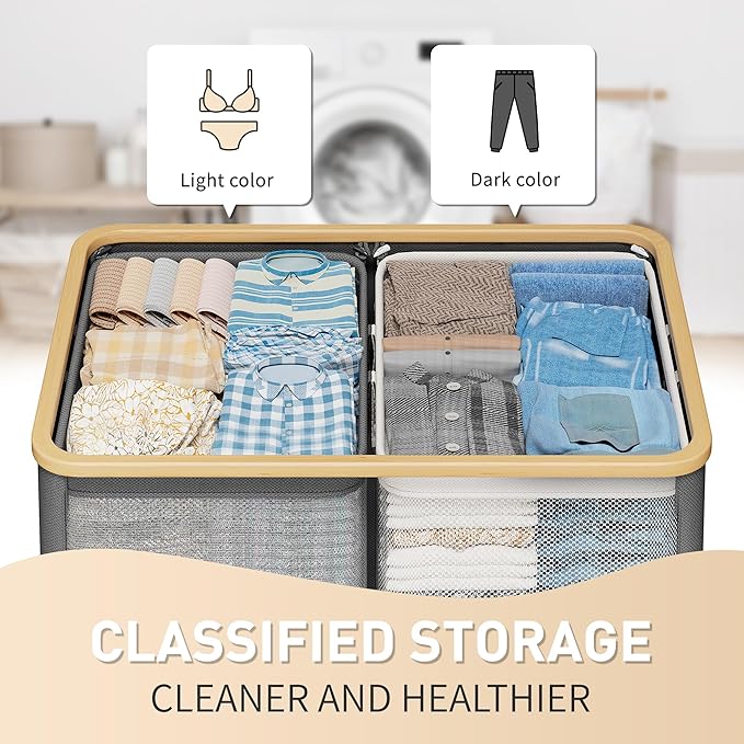 160L Double Laundry Hamper with Lid 2 Section, Large Bamboo Laundry Basket with 2 Removable Bags, Clothes Hampers for Laundry for Bedroom, Bathroom, Dorm, Laundry Room, Grey-NeatNest