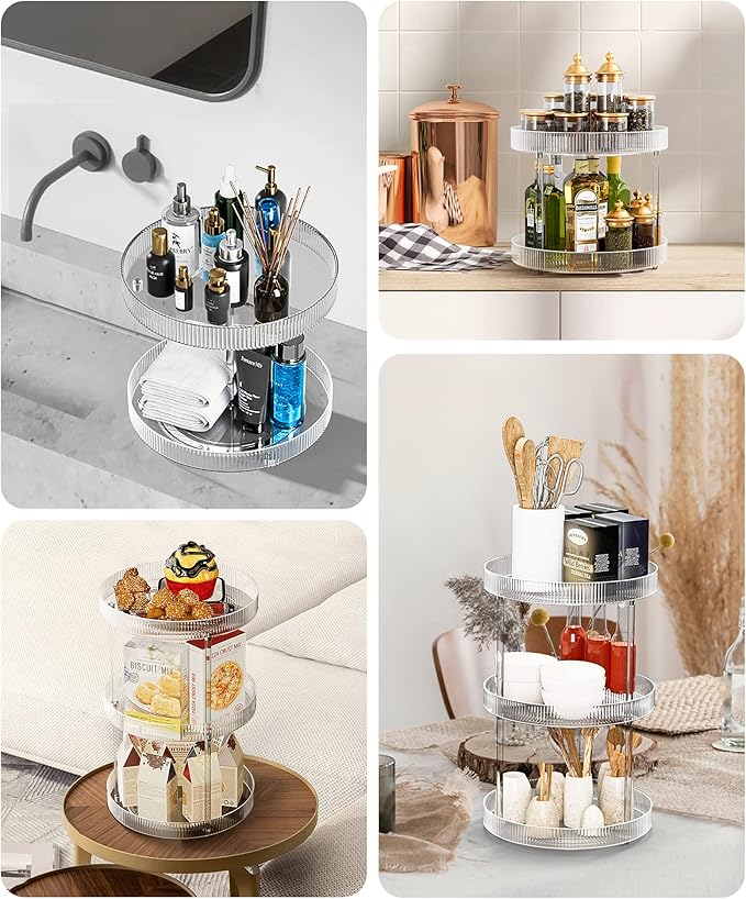 3-Tier Lazy Susan Bathroom Countertop Organizer, 360° Clear Rotating Storage Tray, Cosmetics and Perfume Organizer, Spinning Storage Tray Vanity Organizer Shelf for Bathroom Cabinet, Kitchen(Medium)-NeatNest