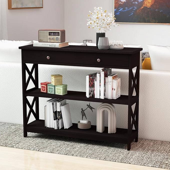 GOFLAME 39" Console Sofa Table with Drawers, 3-Tier Narrow Entry Table with Storage Shelves for Living Room Behind Couch, Entryway (Espresso)-NeatNest