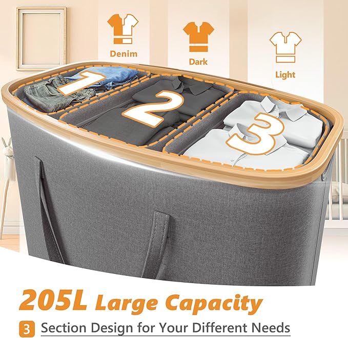 205L Laundry Hamper with Lid 3 Section, Extra Large Laundry Basket with 3 Removable Bags, 54GAL Laundry Basket Organizer for Bedroom, Laundry Room, Dorm,Clothes Hamper,Grey-NeatNest